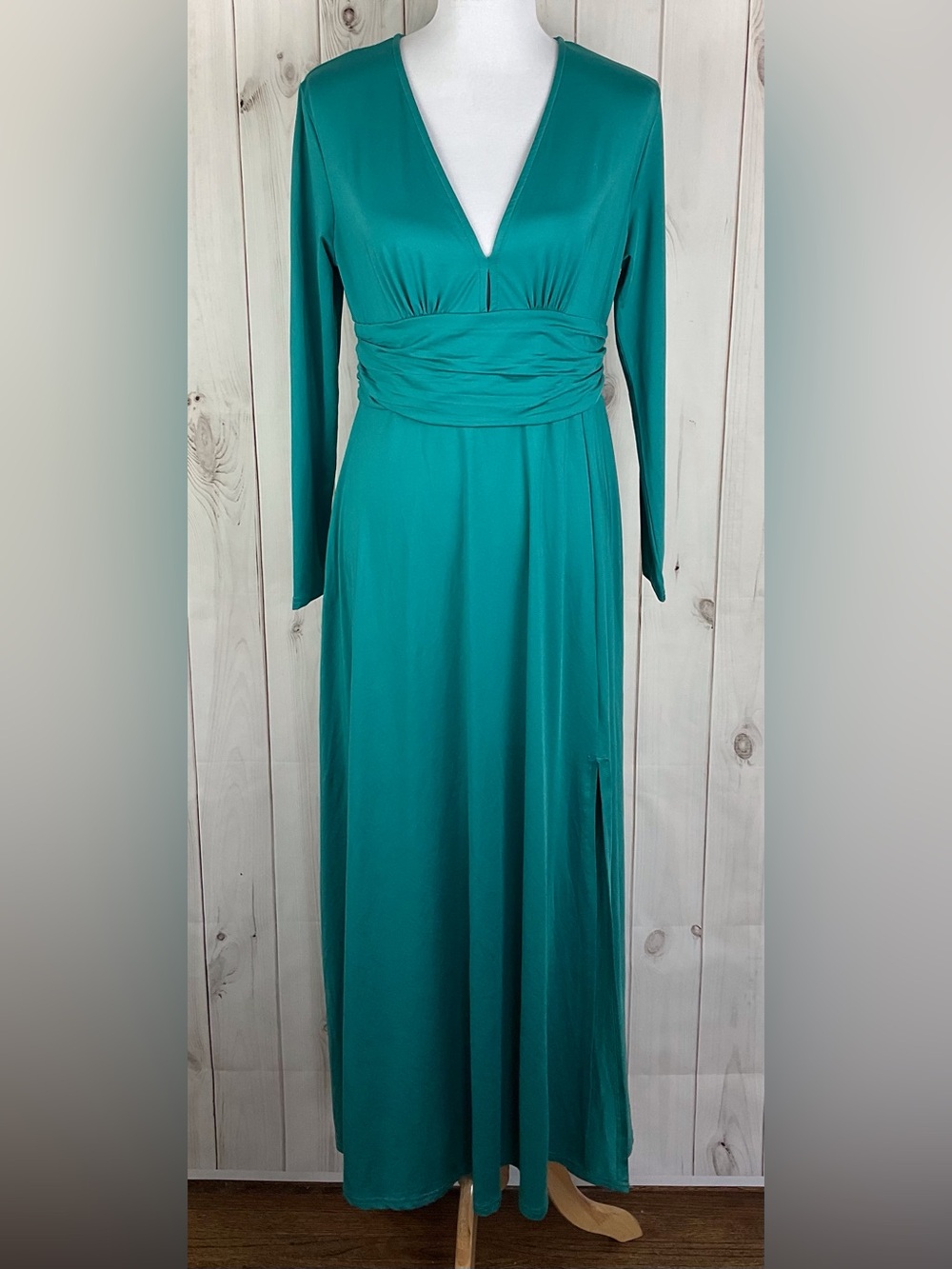 ANRABESS Maxi Dress Women's L Green Deep V-Neck Long Sleeve High Waist Leg Slit